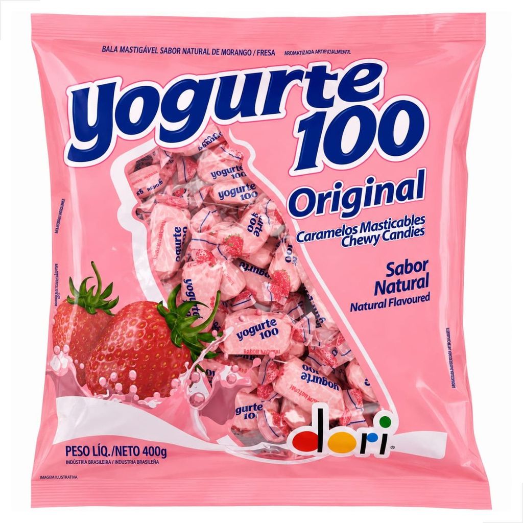 Bala Mastigável Yogurte 100 Morango 400g Dori Original Doceria Para Festa