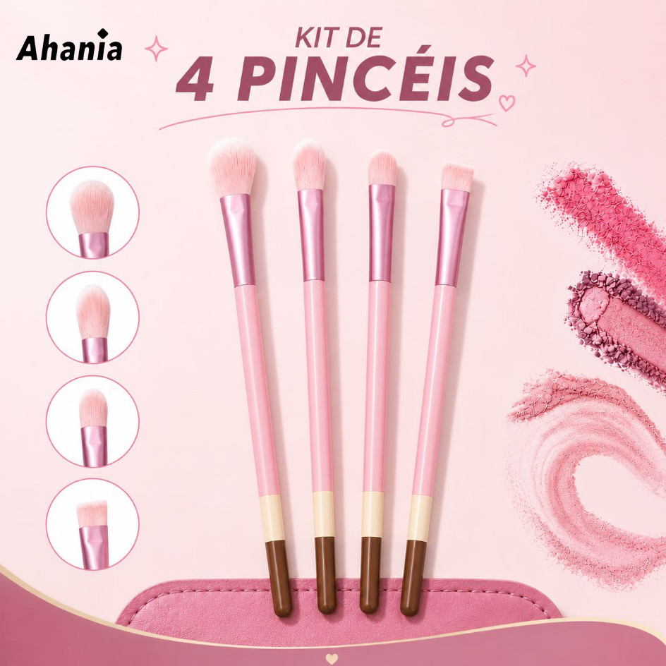 Kit com 4 Pinceís Madeira para Maquiagem da Cor Rosa/Marrom/Bege para Esfumar, Aplicar , Esfumar Detalhes e Delinear