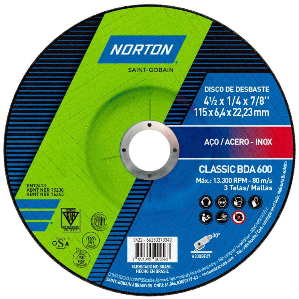 Disco de desbaste para aço 4.1/2 x 1/4 x 7/8" BDA600 - Norton