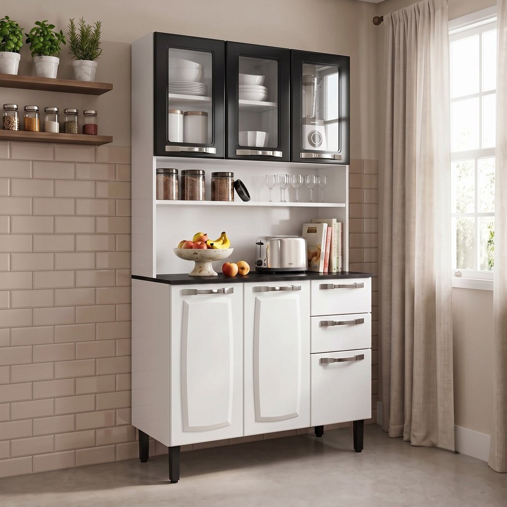 Armário de Cozinha em Aço com Vidro e Bancada 6 Portas 2 Gavetas 195cm Pratika Itatiaia Branco/Preto Branco/Preto