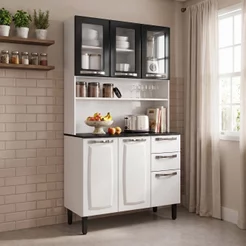 Armário de Cozinha em Aço com Vidro e Bancada 6 Portas 2 Gavetas 195cm Pratika Itatiaia Branco/Preto Branco/Preto
