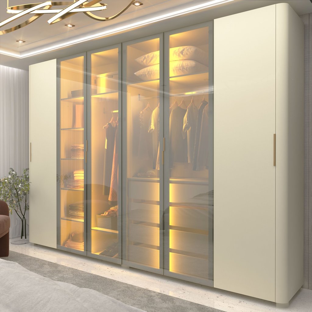 Guarda-Roupa Casal 6 Portas com 4 Portas Reflecta com Pés com LED Innova 100% MDF Branco/Off White Off White