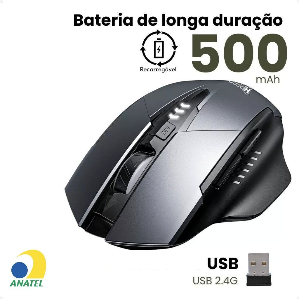 Mouse Sem Fio 2.4G Recarregável Gamer Ergonômico HREBOS Wirelles USB