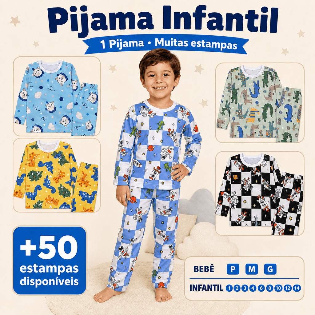Pijama Infantil Menino Criança Inverno Manga Longa Comprida Calça Blusa 2 Peças Estampas Sortidas Roupa de Dormir