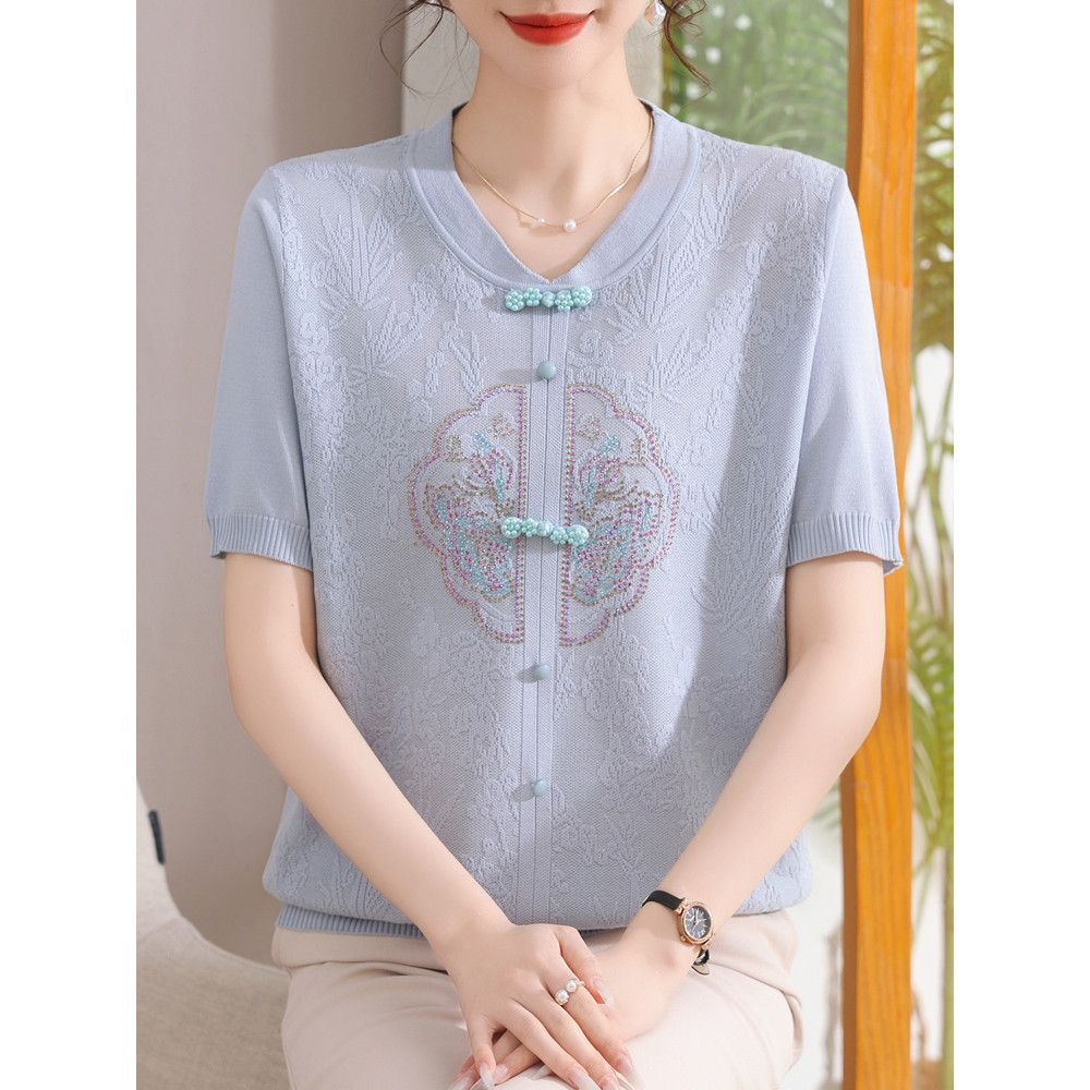 Mãe novo estilo chinês estilo chinês vestido de verão elegante malha topo de manga curta estilo ocidental meia-idade ido