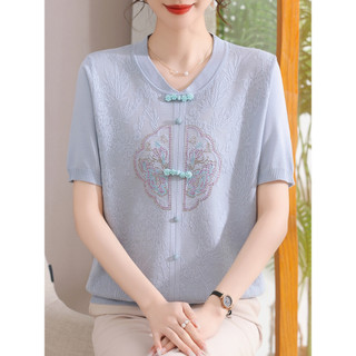 Mãe novo estilo chinês estilo chinês vestido de verão elegante malha topo de manga curta estilo ocidental meia-idade ido