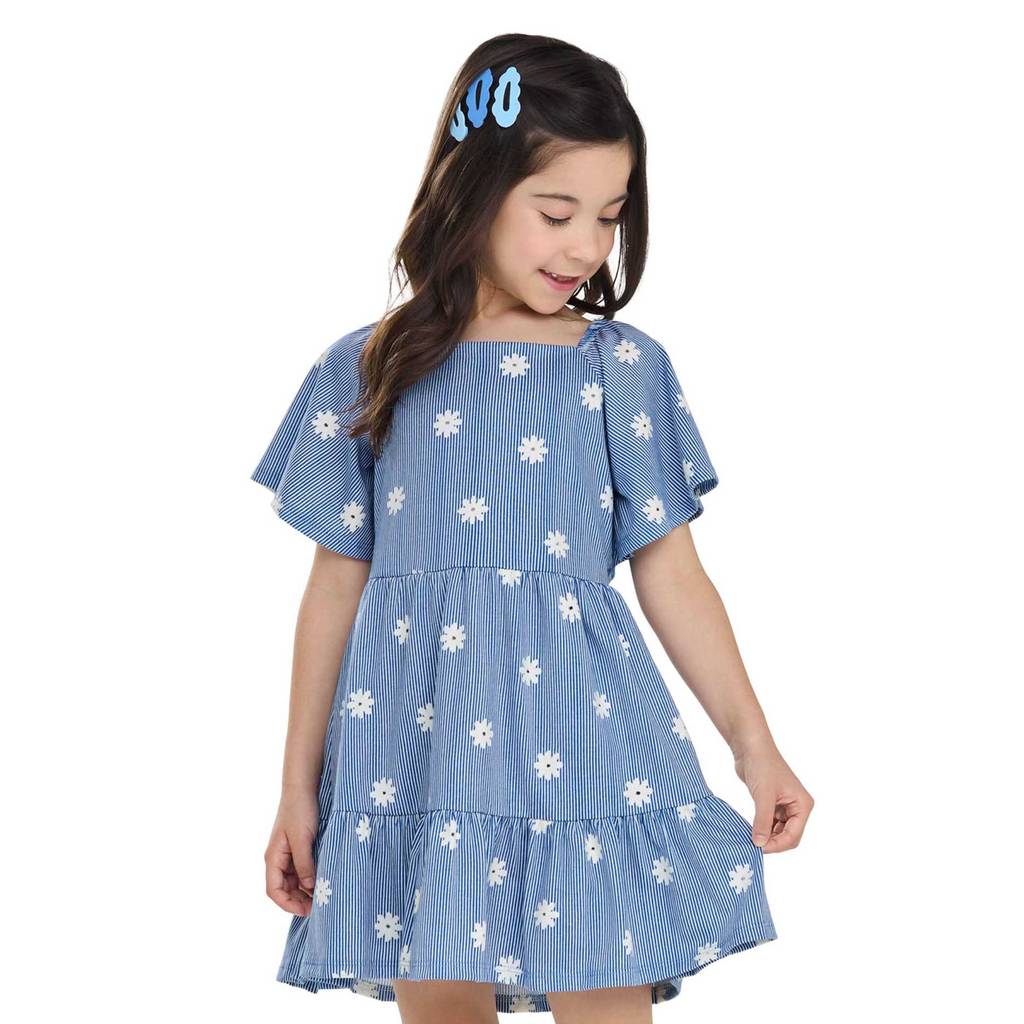 Vestido Infantil Menina Floral Listras Elian Azul