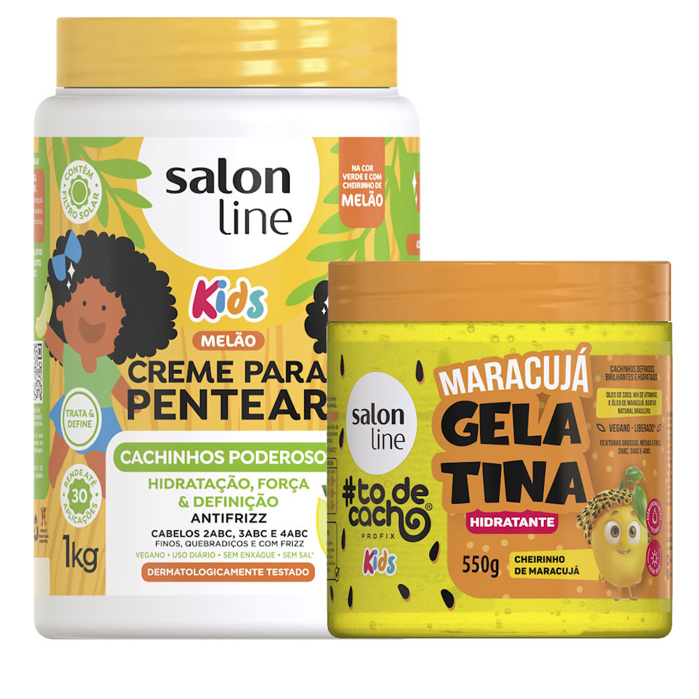 Kit Salon Line Kids Creme De Pentear Cachinhos Poderosos Melão 1kg + Gelatina Maracujá Cachinhos Hidratados 550g