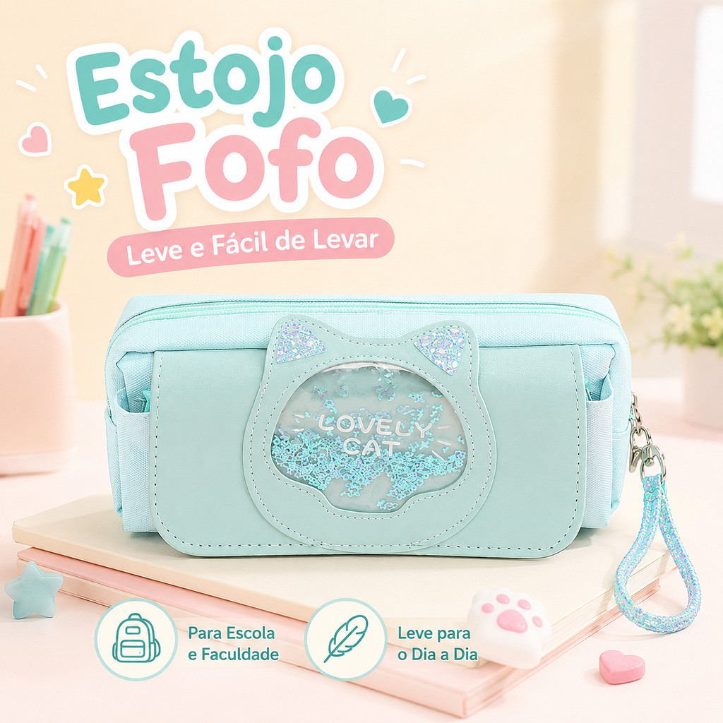Glitter gato lápis caso saco de papelaria versão coreana lona papelaria gato bonito caixa de papelaria criativo três cam