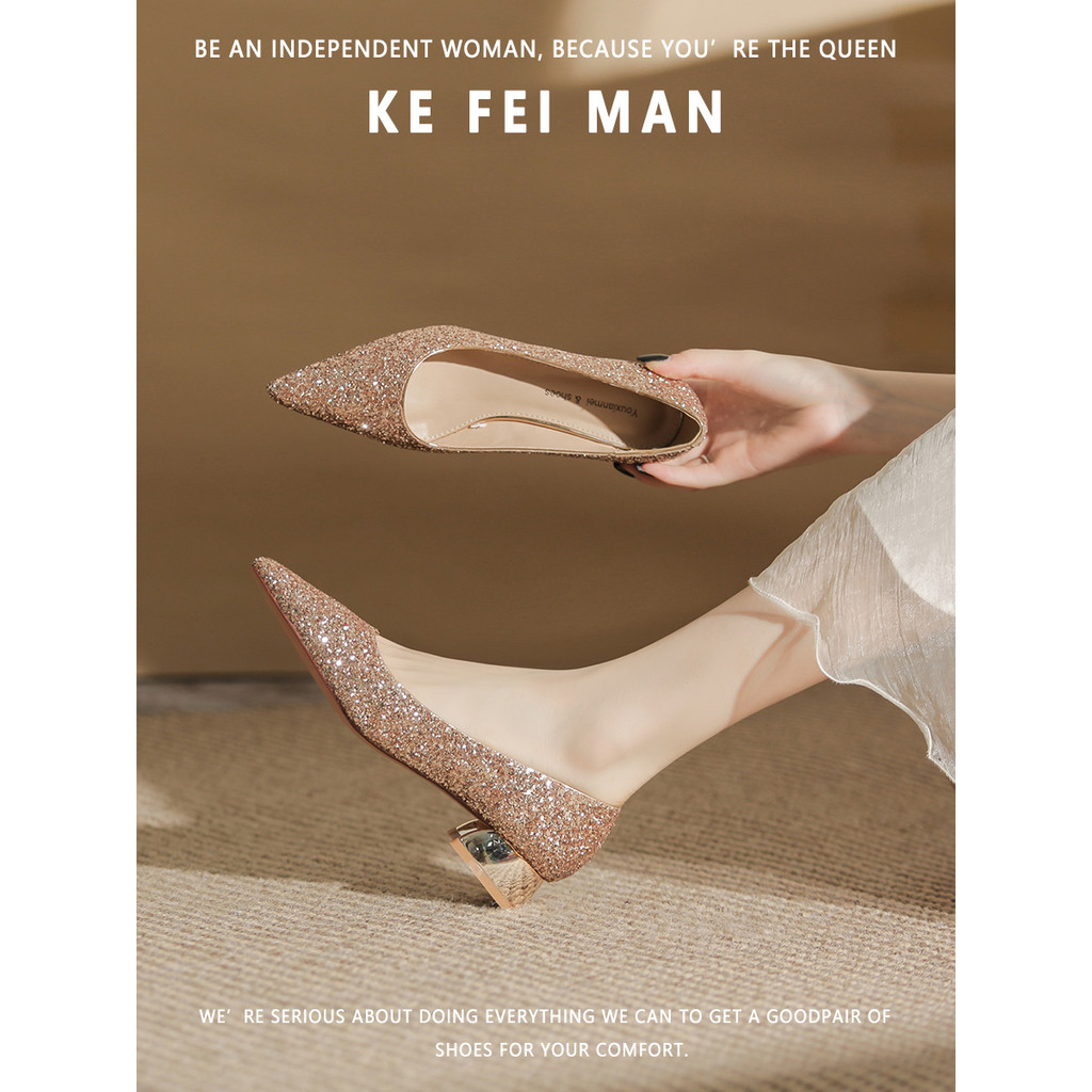 [Coffeyman] Sapatos de salto grosso com lantejoulas femininos 3 cm salto pequeno salto baixo bico fino salto alto salto 