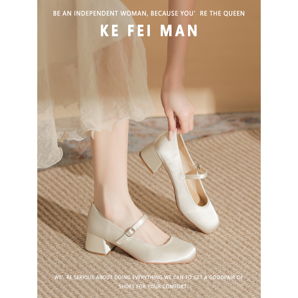 [Coffeyman] Sapatos franceses Mary Jane femininos primavera outono cetim bico redondo salto médio grosso sapatos feminin