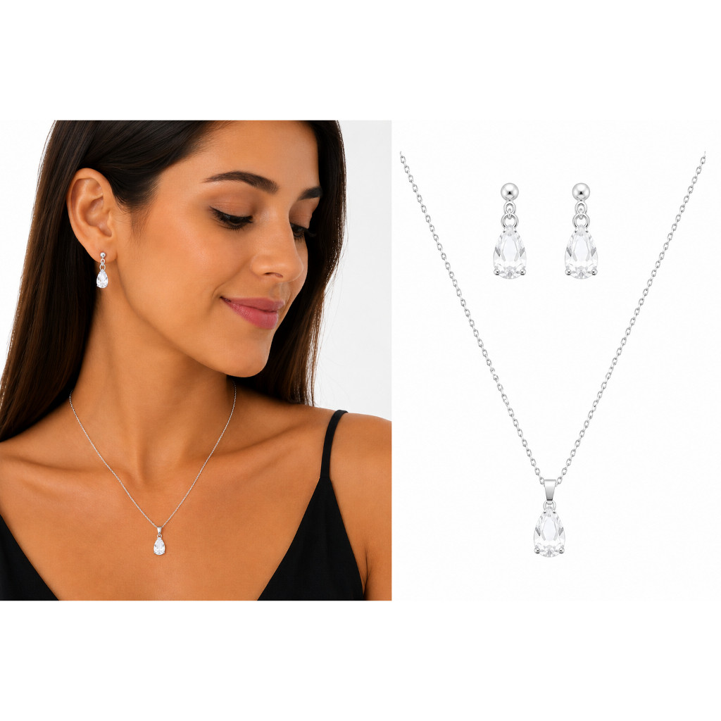 Conjunto FEMININO Ponto DE Luz GOTA AÇO INOX Colar Brinco zircônia GARGANTILHA CORRENTE PRESENTE