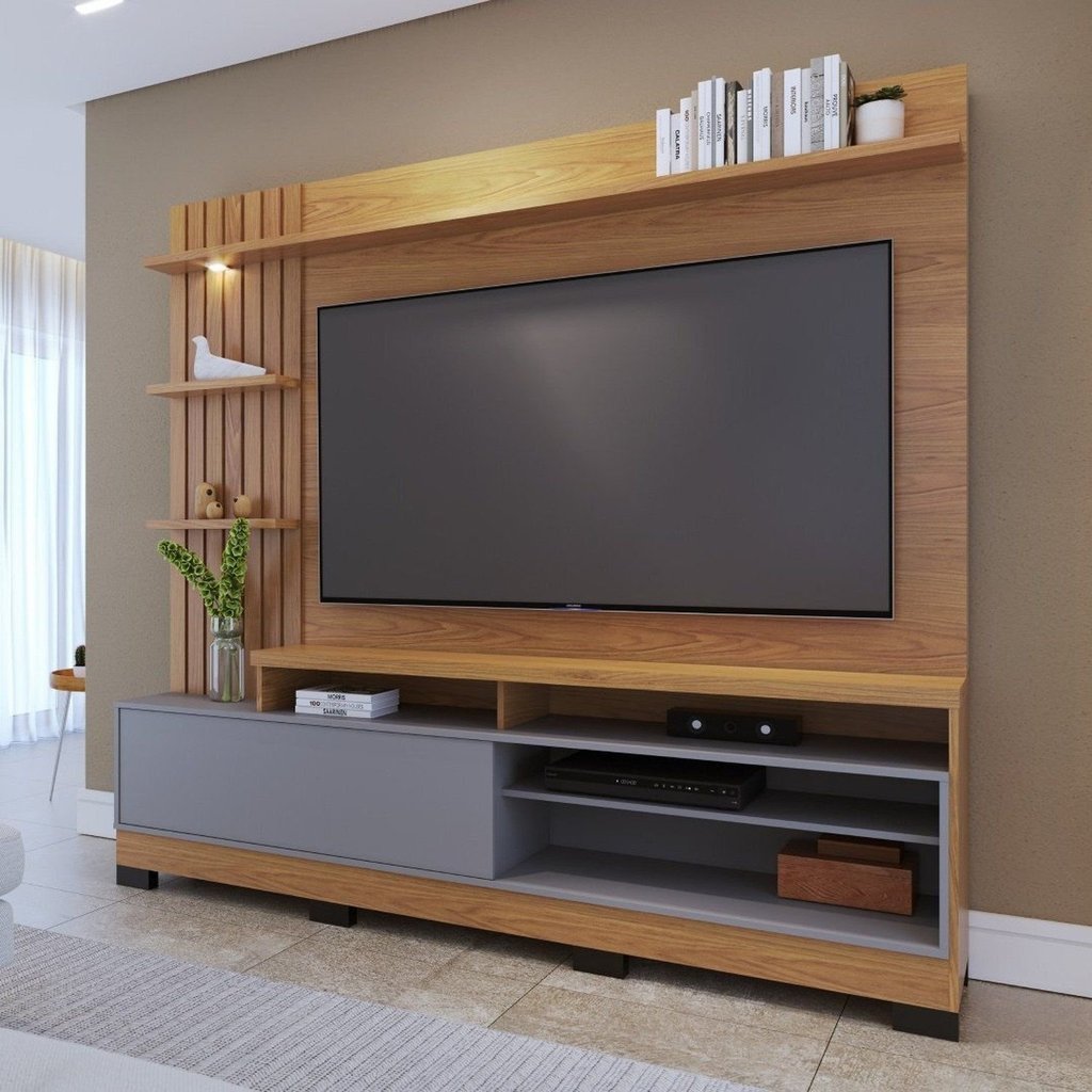 Home Theater Ripado Maceió para TV 65 Polegadas com LED 1 Porta 4 Nichos com Pés Freijó Cinza Fosco Freijó/Cinza