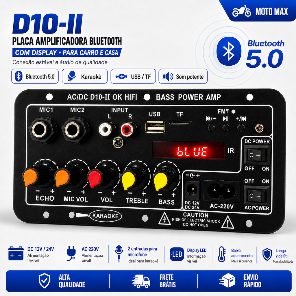 D10-II Amplificador de Alta Potência 12V 24V 220V Bluetooth 5.0 com Display Digital HiFi USB TF FM Dual Microfone