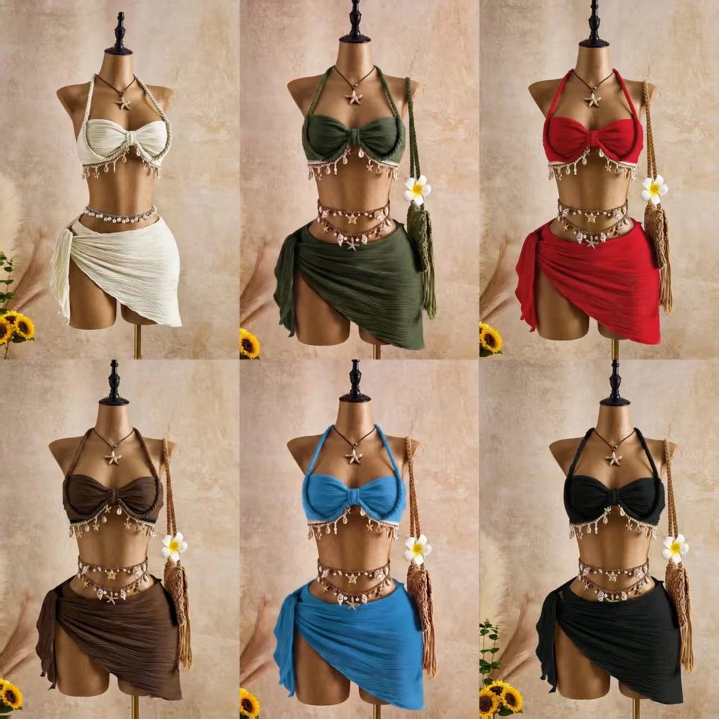 Novo estilo de férias concha borla biquíni três peças Halter pescoço plissado Split maiô praia envoltório saia — imagem 1
