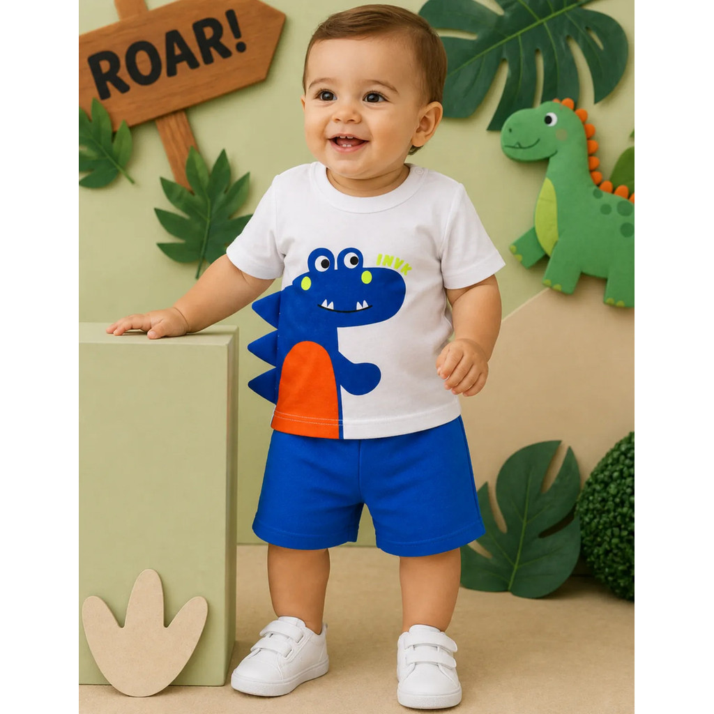 Conjunto Infantil Bebê Dinossauro Camiseta Estampada e Short Roupa Menino Verão Confortável 2 Peças