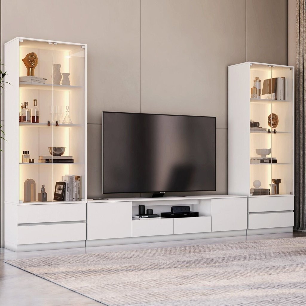 Estante para TV e Home Theater até 84 Polegadas com LED 100% MDF 340CMX200CM 2 Cristaleiras com LED Liz Yescasa Branco