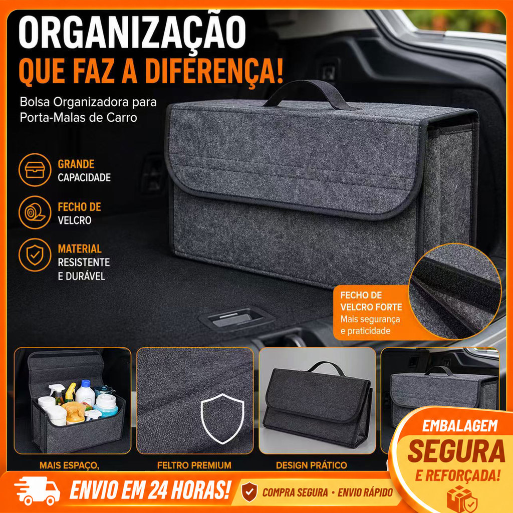 Bolsa Organizadora Automotiva Para Porta-Malas Bolsa De Ferramentas Para Carro com Velcro em Feltro
