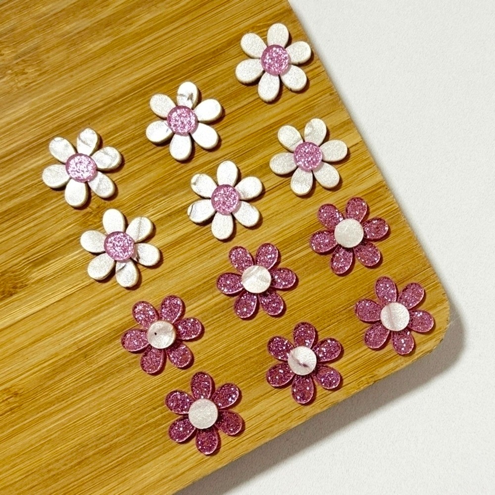 Kit Aplique Flor 2cm em Acrílico Glitter Rosa e Madrepérola para Laços Artesanato 12 Peças