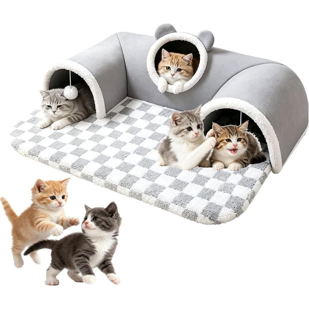 Túnel e Cama para Gatos 3 em 1 de Pelúcia – Três Entradas Divertidas, Cama-Túnel para Gatos, Túnel de Brincar para Gatos