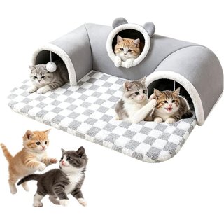 Túnel e Cama para Gatos 3 em 1 de Pelúcia – Três Entradas Divertidas, Cama-Túnel para Gatos, Túnel de Brincar para Gatos