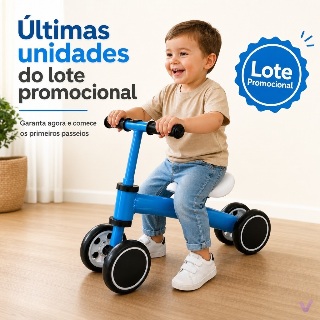 Bicicleta de Equilíbrio Infantil Sem Pedal 4 Rodas Azul - Estrutura Metálica, Ajustável