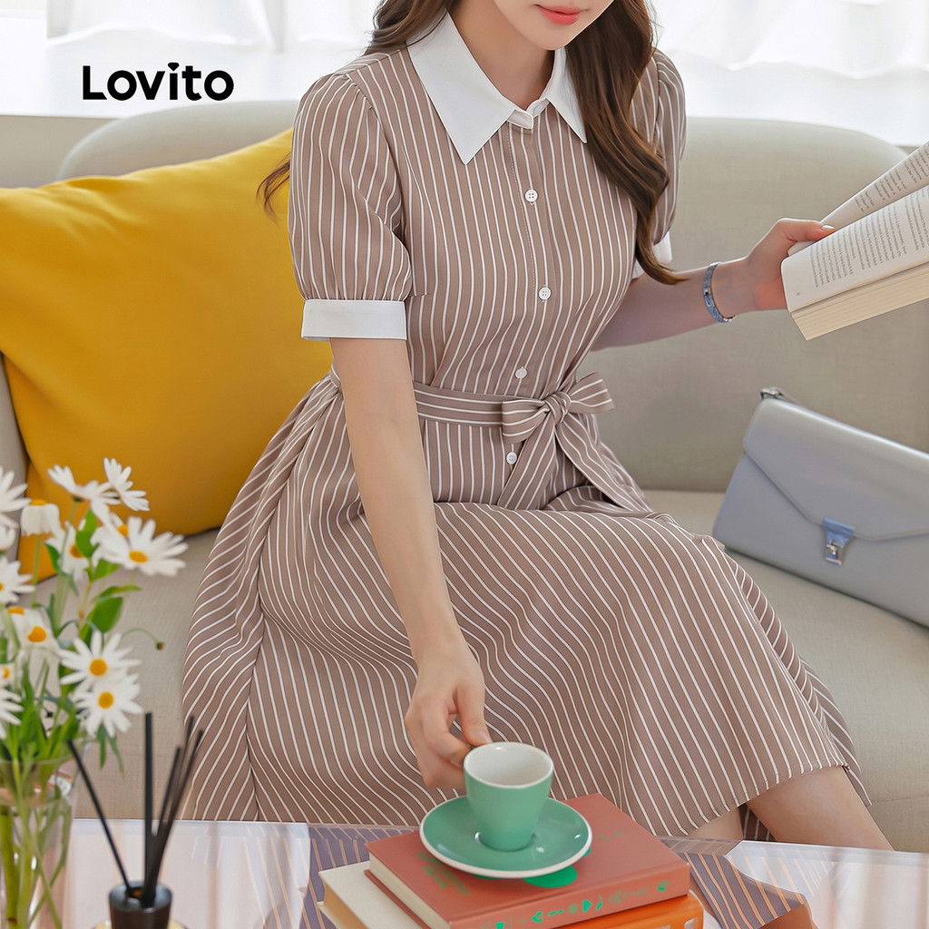 Lovito Vestido Elegante com Frente de Botões e Renda Padrão para Mulheres primavera/verão DRK9P1D928 · foto 2