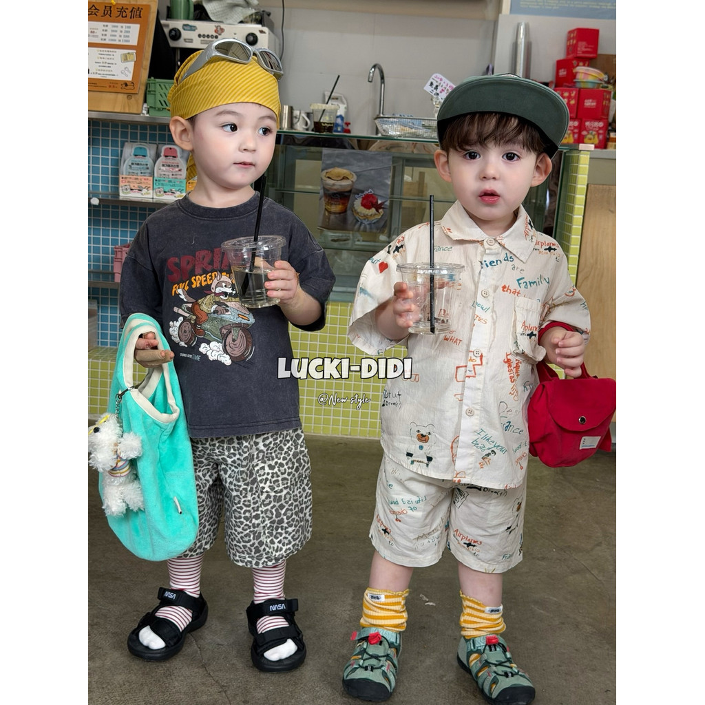 LUCKI crianças roupas infantis coreanas 2026 verão menino dos desenhos animados camiseta leopardo impressão Shorts pintu