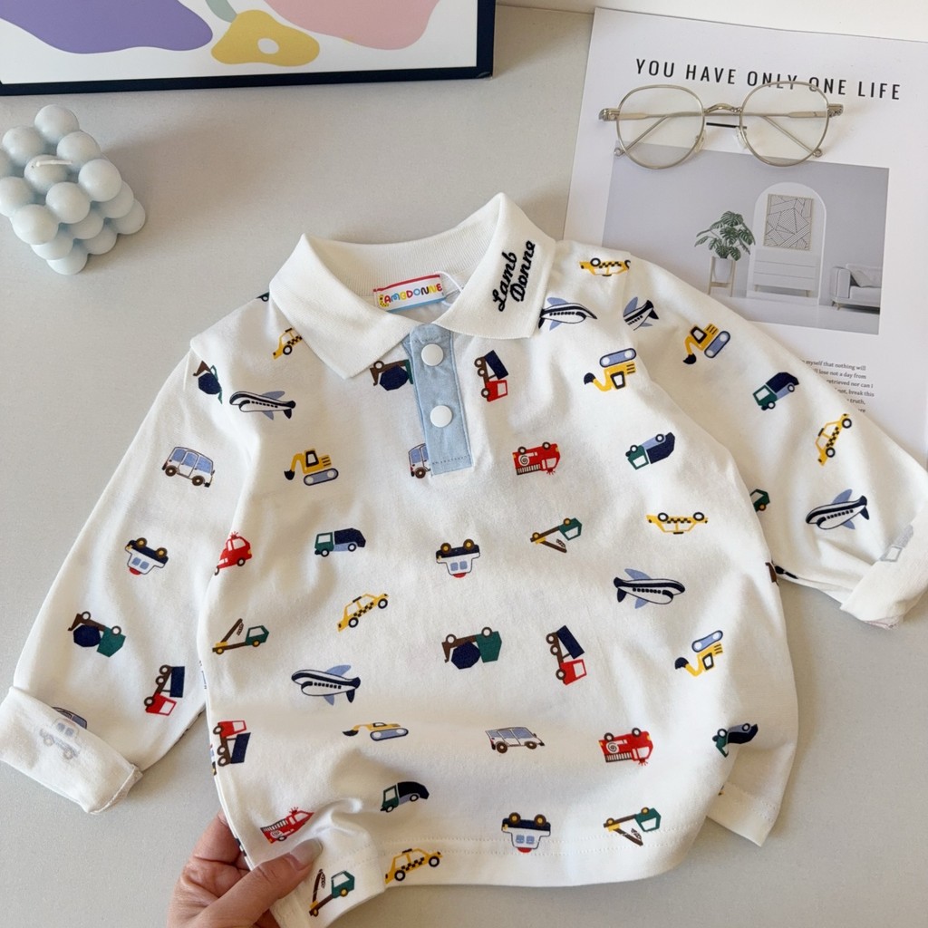 Camisa polo para meninos ~ primavera novo estilo bonito impressão completa carro de manga comprida camiseta bebê topo la