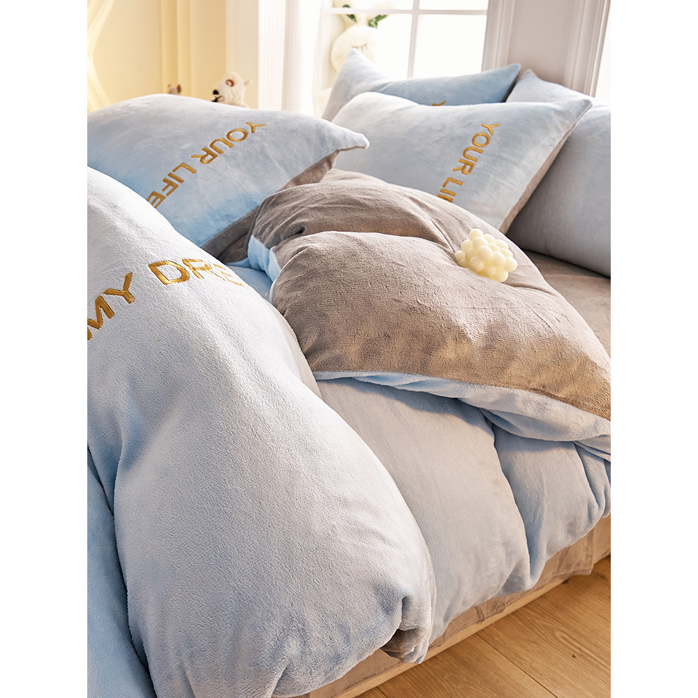 Outono inverno bordado engrossado leite velo cama conjunto de quatro peças Coral velo colcha capa flanela mais velo cama