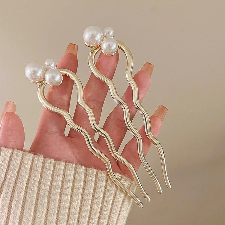 High-End pérola onda em forma de u Metal hairpin feminino estilo preguiçoso bola cabeça placa hairpin volta cabeça hairp