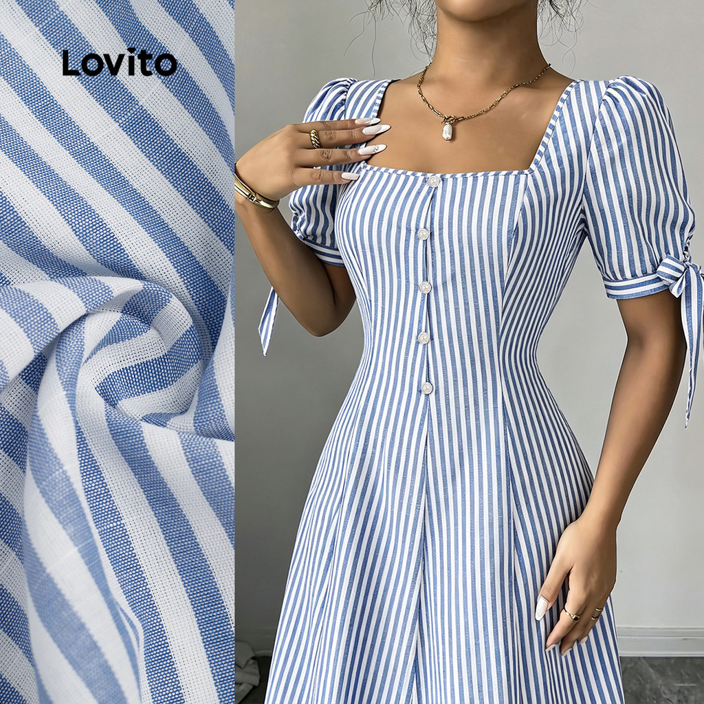 Lovito Vestido Elegante de Amarrar Botão Frontal Primavera/verão Azul para mulheres Bordado DRBR37BR010