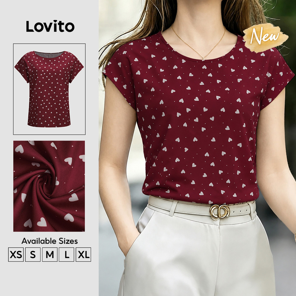 (New Arrival) Lovito Blusa Feminina Claret Elegante Coração Manga Curta Gola Redonda Confortável E Estilosa Primavera/verão Natal Trabalho BLB205P2D009