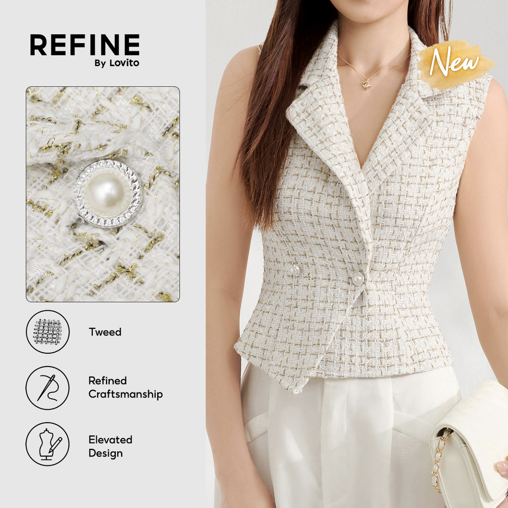 (New Arrival) (Refine by Lovito) Top Feminino Em Tweed Xadrez Vichy Sem Mangas Lapela Pontuda E pérolas assimétricas TKR44P1D095