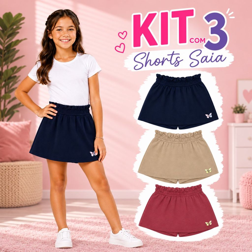 Kit Com 3 Shorts-Saia Infantil feminino Moletinho com Cós Elástico Tamanhos 4 ao 14
