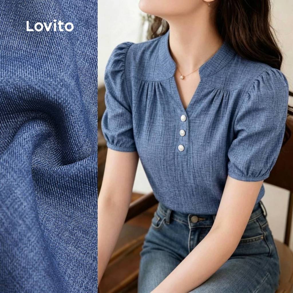 Lovito Blusa Elegante Plissada Plisada Azul Primavera/verão Blusa Feminina L198ED367