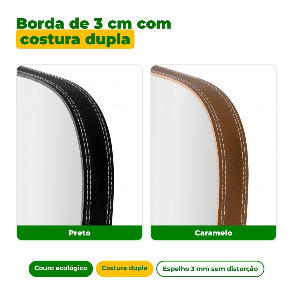 Espelho Pinterest Orgânico Decorativo Grande 64x44cm Borda em Couro 3cm - Mod. Pílula · foto 2