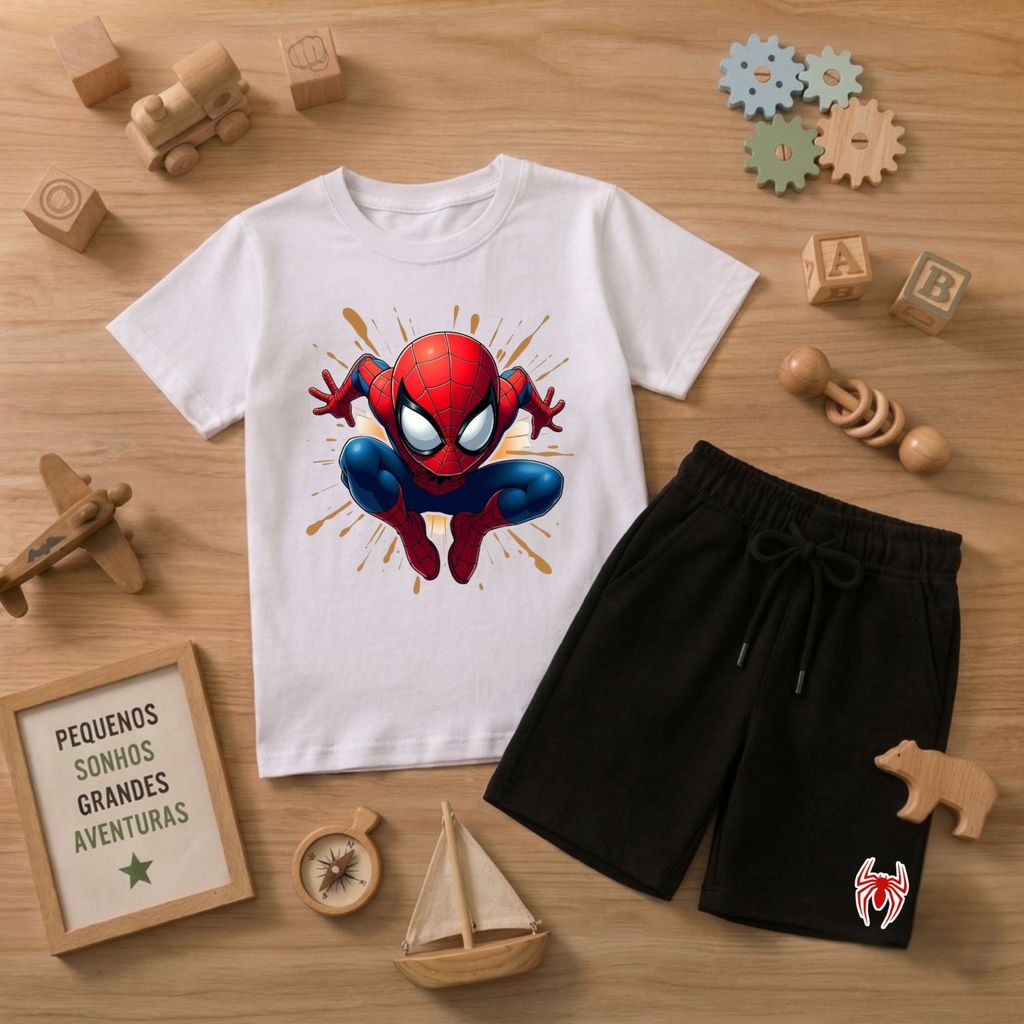 Conjunto Camiseta + Shorts Infantil Juvenil Moletinho Estampada Homem-Aranha Super Herói 100% Algodão