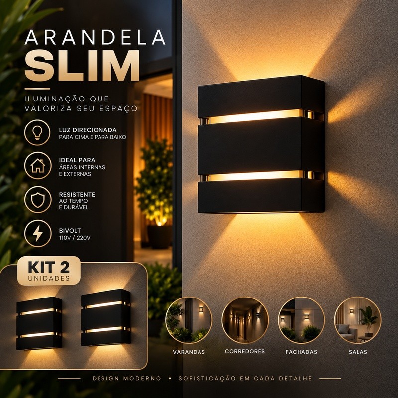 2x Arandelas 2 Frisos 2 Focos Luminária Slim Para Decoração Jardins Muros Paredes Sítios Piscinas