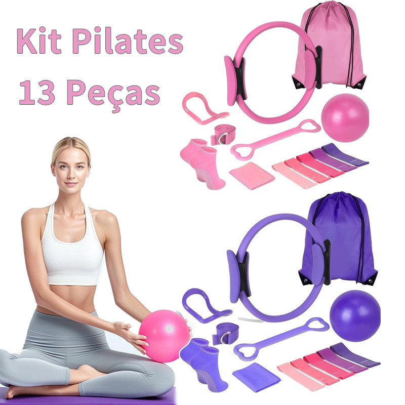 Imagem Kit Pilates 13 Peças Completo com Anel Bola Mini Band Faixa Elástica Meias e Acessórios para Yoga Fitness