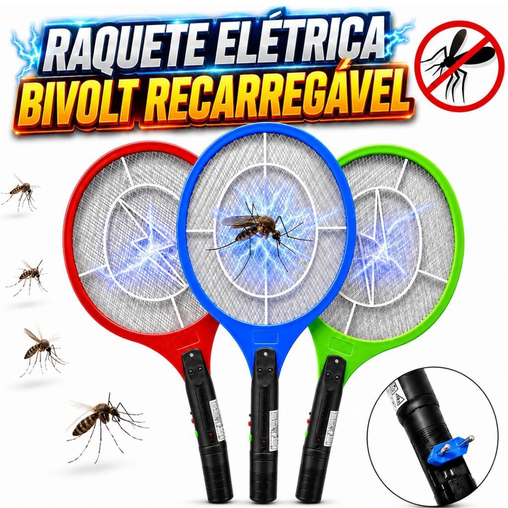 Raquete Elétrica Recarregável Bivolt 110/220 Mata Mosquito Mosca Pernilongo