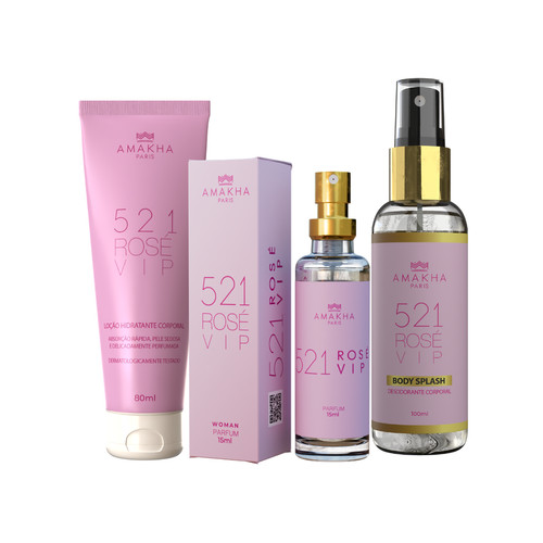 Kit 521 Vip Rose Feminino com Perfume 15ml + Body Splash + Hidratante Amakha Paris | Floral Delicado