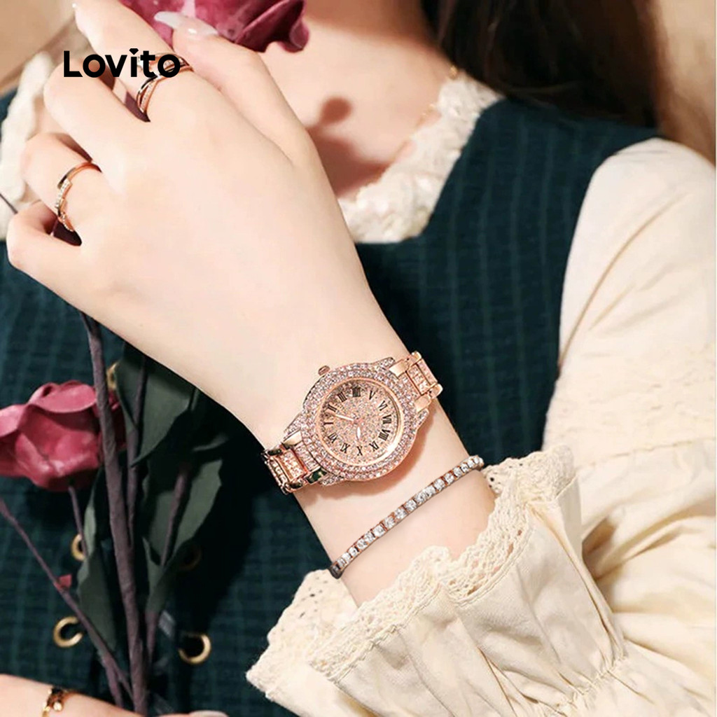 Lovito Elegante Relógio de pulso de luxo diamantes completos pulso feminino Gypsophila com corrente de aço pequeno mostr