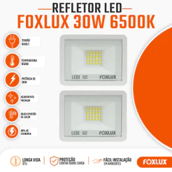Refletor LED 30W Foxlux 6500K Branco Frio IP65 Resistente a Água Kit com 2