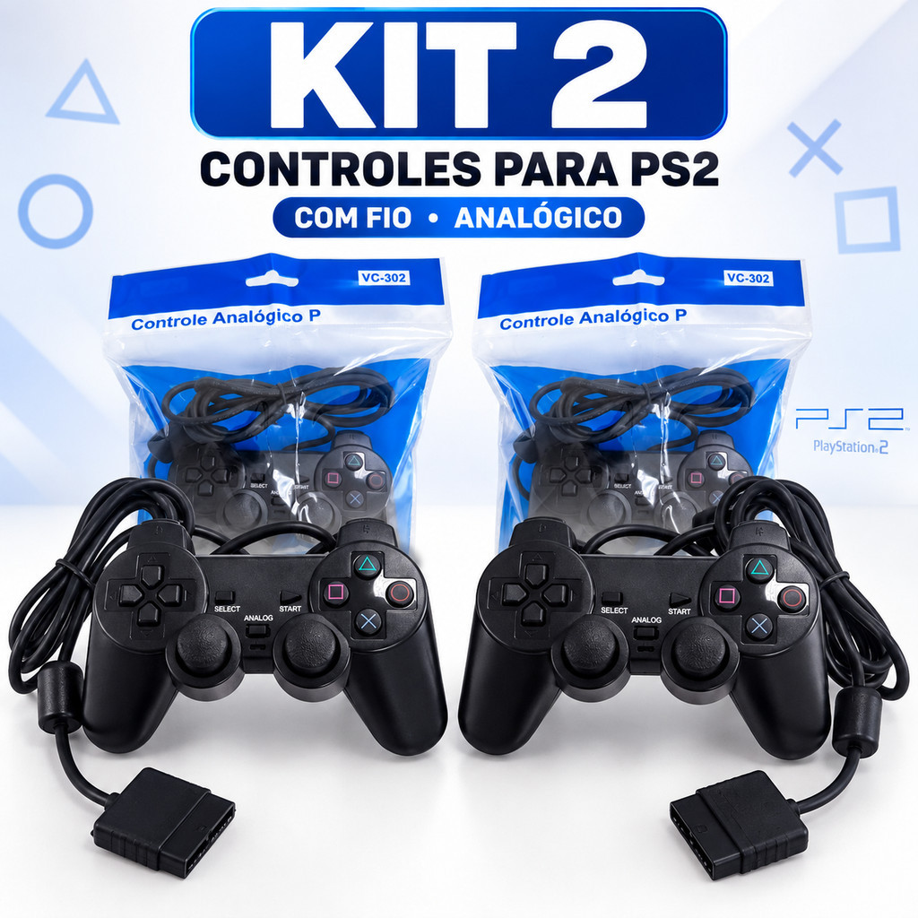 Kit 2 Controles PS2 com Fio 1,7m Analógico com Vibração Joystick Gamepad Preto VC-302