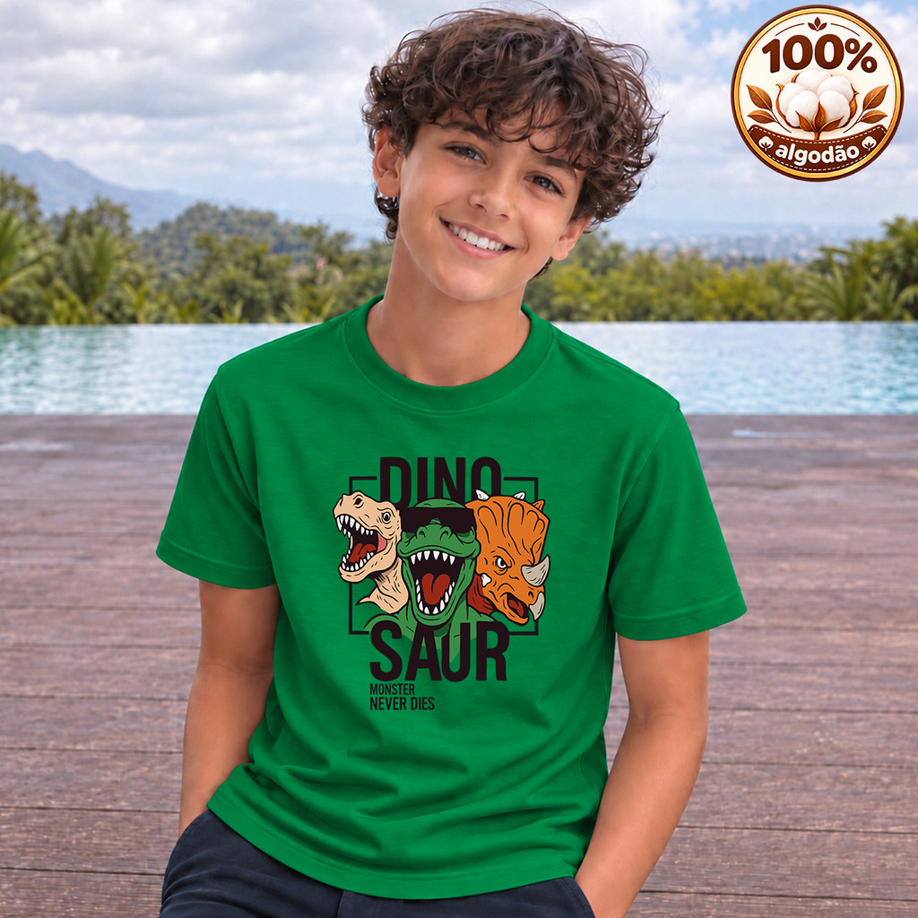 Camiseta Infantil Juvenil Estampada Tema Dinossauro Dinos Jurassic 100% Algodão Menina Menino - Tamanhos 2 ao 12