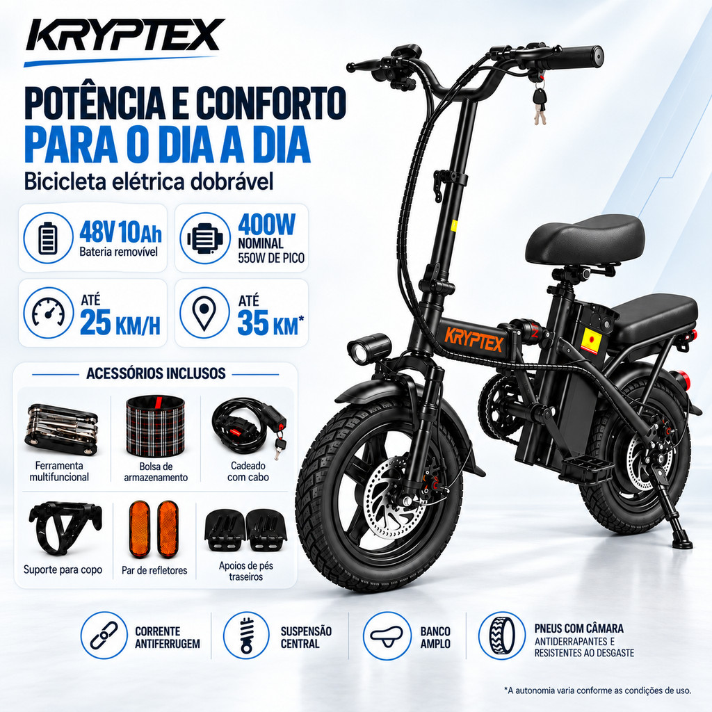 Bicicleta Elétrica KRYPTEX Dobrável 400W 48V Bateria Removível com Amortecedor Central Banco Confortável