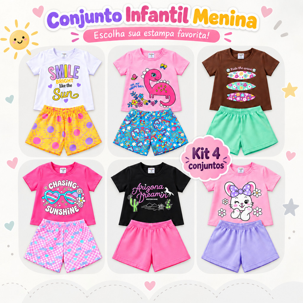 Kit 4 Conjunto Infantil Menina Verão Blusa e Short Estampados Algodão Confortável