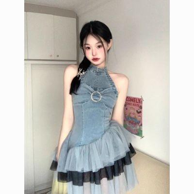 Costura contraste gaze Halter pescoço Denim vestido feminino Irregular Pettiskirt estilo Ballet costura saia plissada260