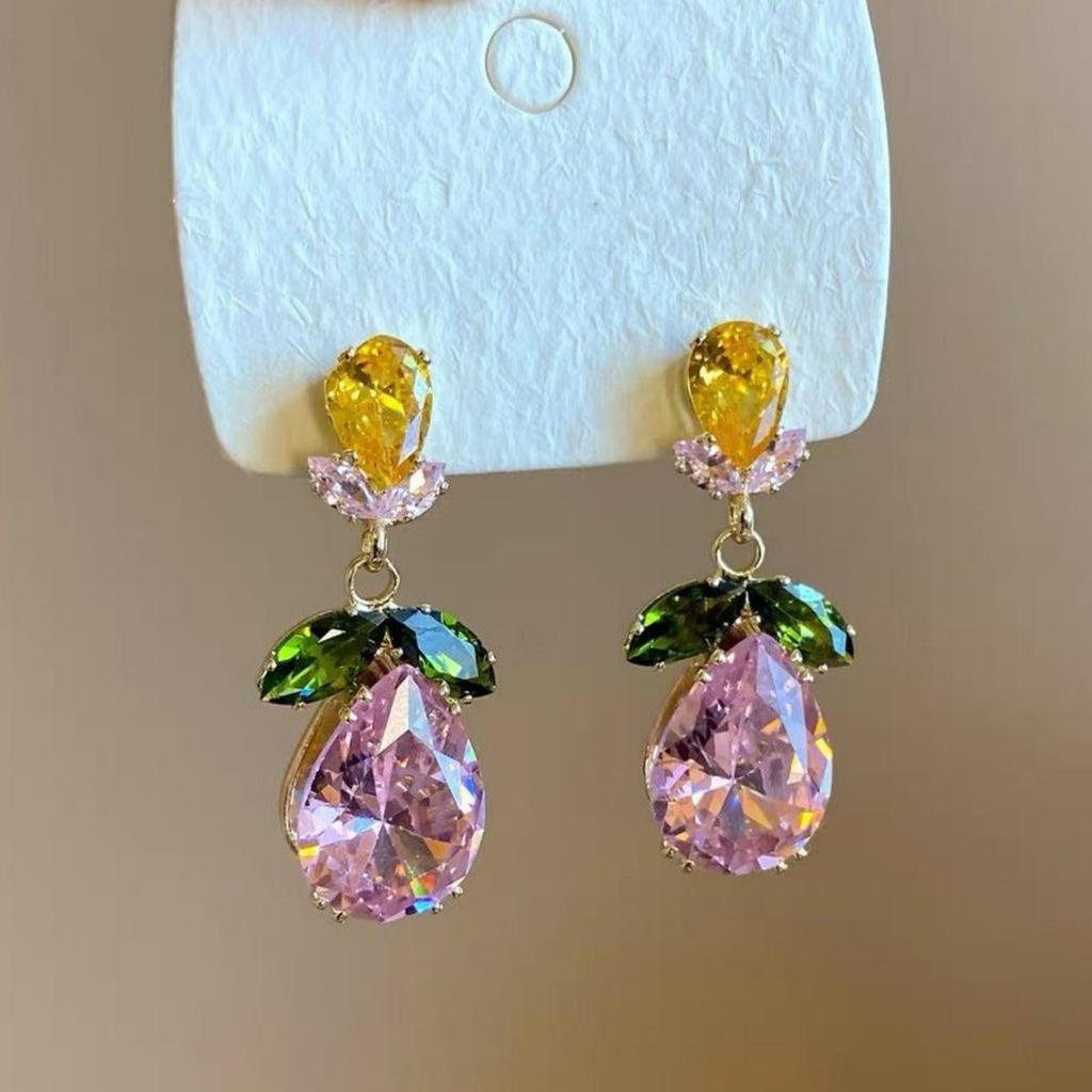 Brincos em forma de fruta rosa diamante diamante brincos doce luz luxo nicho All-Match requintado High-End moda brincos